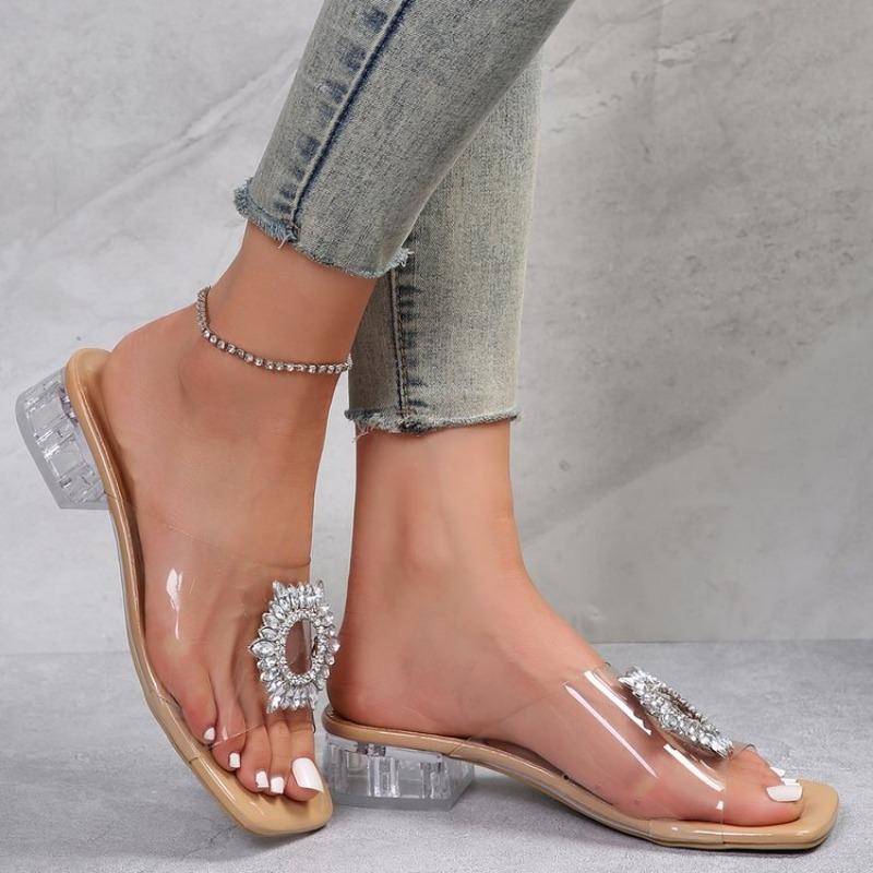 2025 New Slippers Shoes for Women Transparent Rhinestone with Medium Heel Slippers Fashion Open-toe Large Size Women Shoes