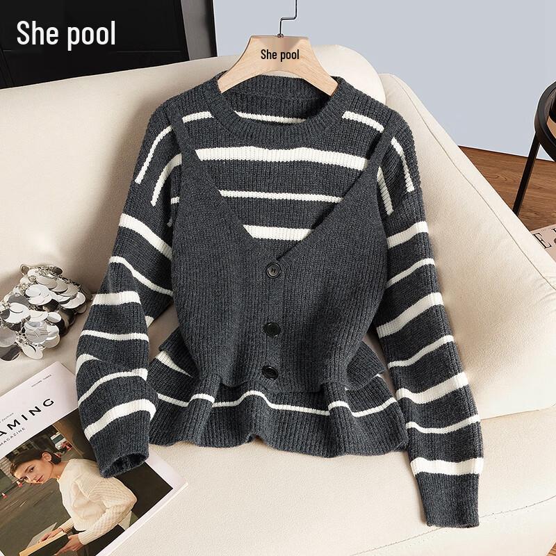 

Women s Contrast Stripe Faux Two-Piece Sweater One Size