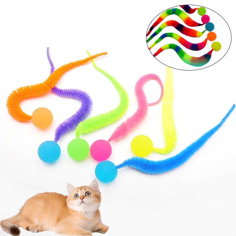 Cat Teaser Toy Bouncy Ball Fluffy Tail Simulation Caterpillar Kitten Toy Durable Bite Teaser Tool Interactive Cat Toy Supplies