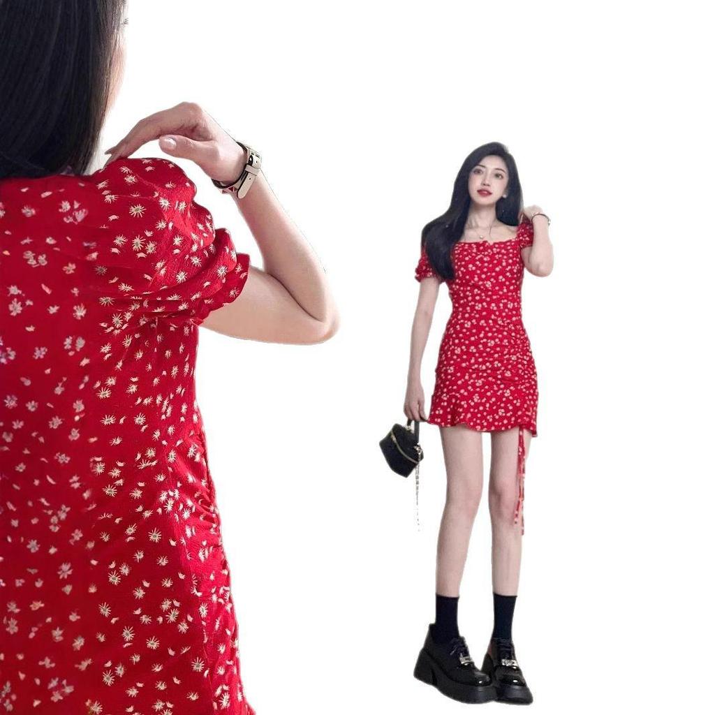 Bellflower Red Floral Square Neck Petite Mini Dress with Puff Sleeves