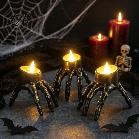 Spooky Home Decor Halloween Skeleton Hand Candle Light Gothic Creepy Skull Hands Fake LED Decorative Props for Festival Table Centerpiece Entryway,