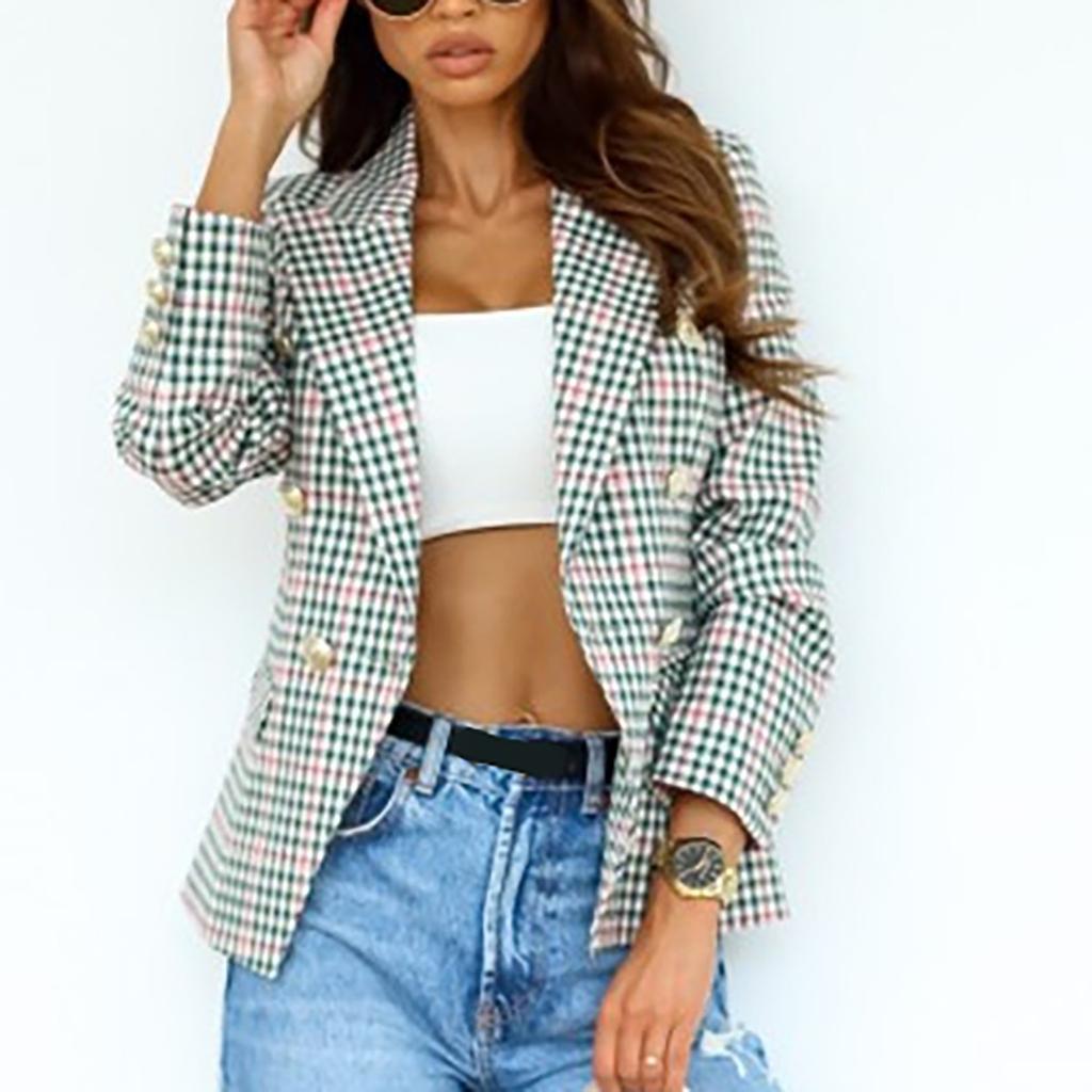 Ladies Fashion Casual British Suit Lapel Check Double-breasted Jacket