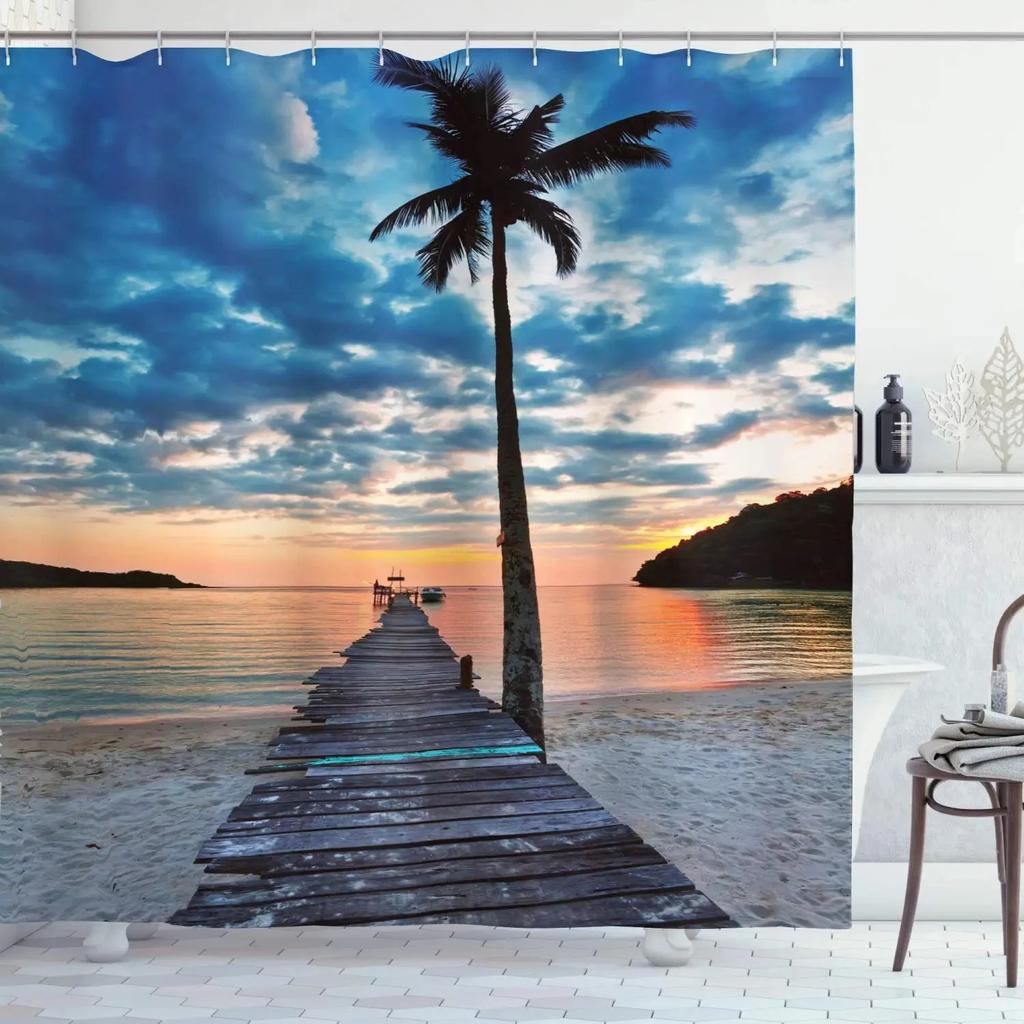 Wooden Bridge Print Shower Curtain Boat at Lake Shore Wooden Pier Sunset Sunbeams and Romantic Evening View, Polyester Fabric