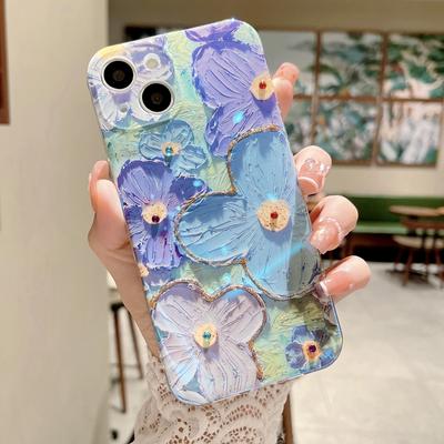 Soft Blue Flower Glitter Laser Case For iPhone 11 12 13 14 15 Pro Max X XS XR 7 8 Plus SE  22 Mini Bumper Silicone Cover