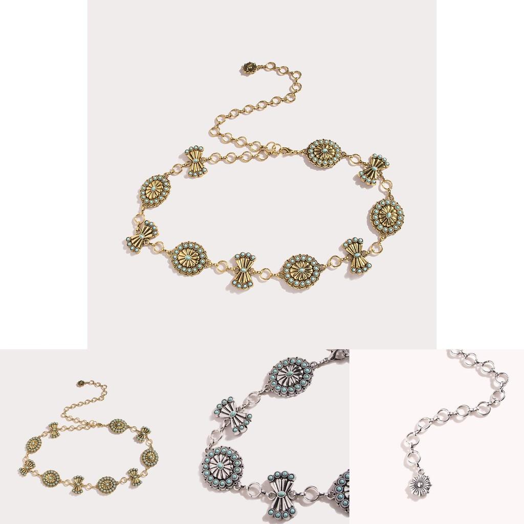 Gold And Silver Metal Waist Chain With Turquoise Decor For Womens Palace Inspired Fashion