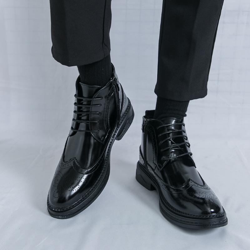 Brogue Martin Men's Autumn Pointed Toe High-Top Leather Chelsea Boots - European & American Mid-Calf Style