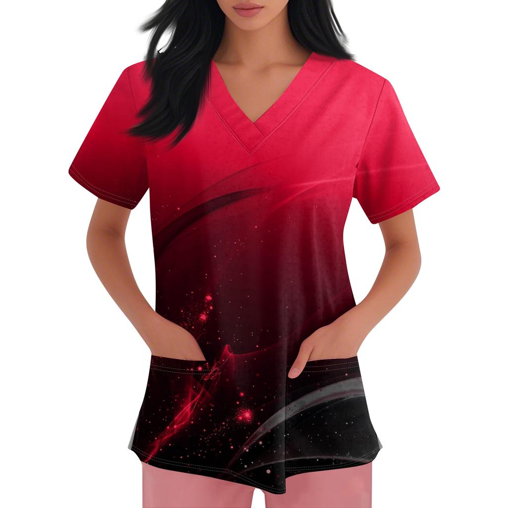 Damen V-Ausschnitt Cartoon-Print Kurzarm Tasche Seitenschlitz Schutzkleidung Oberteil