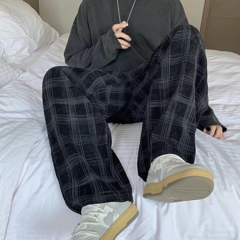 Spring Autumn Men's Checkered Casual Pants Loose Straight Corduroy Pants Sweatpants Man Streetwear Hip Hop Trousers