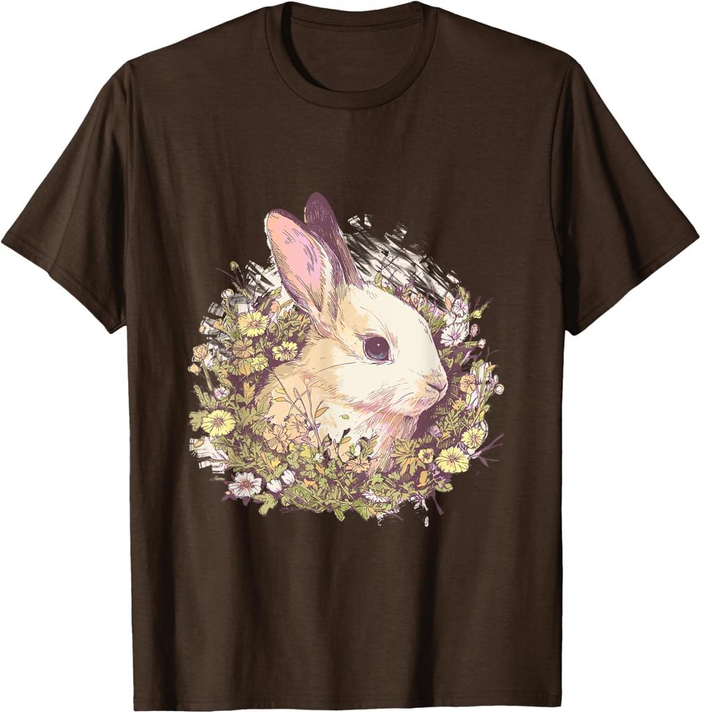 Bunny In Floral Garland Graphic Print Casual Cotton T-Shirt Spring Cottagecore Aesthetic Tee