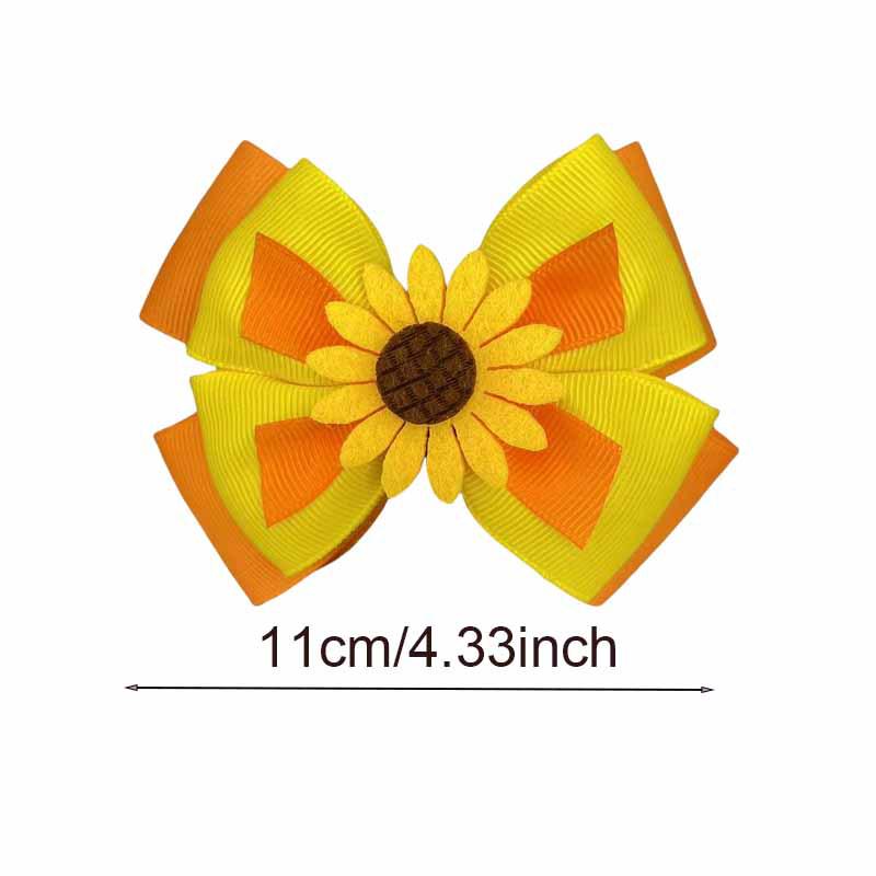 Green & Yellow Sunflower Bow Hair Clip - Double Layer Ribbed Party Headwear