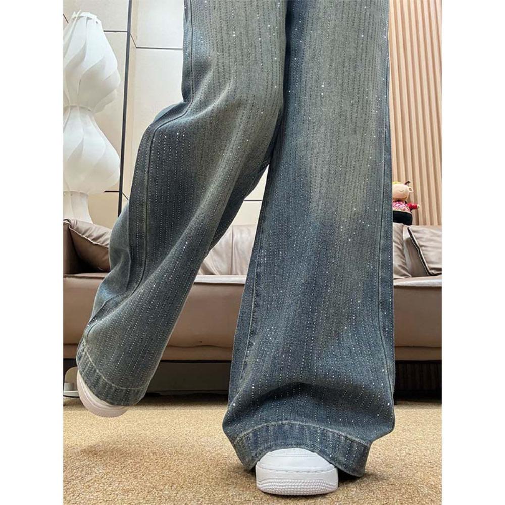 Women's High Waist Wide Leg Jeans Loose Fit Rhinestone Vintage Denim Trousers