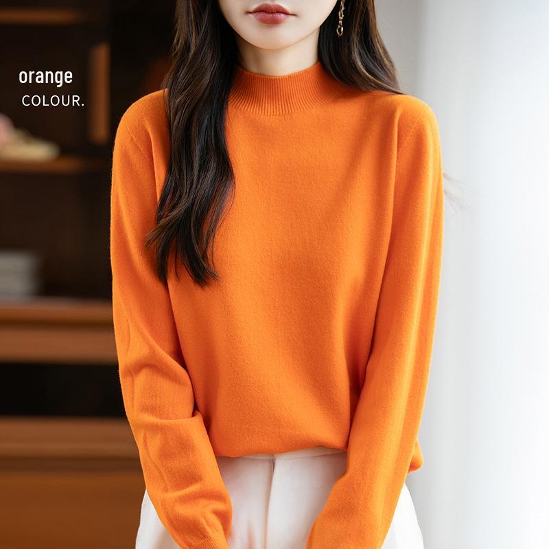 Elegant Autumn Velvet Knit Half-High Neck Sweater for Women - Long Sleeve, Loose Fit Pullover
