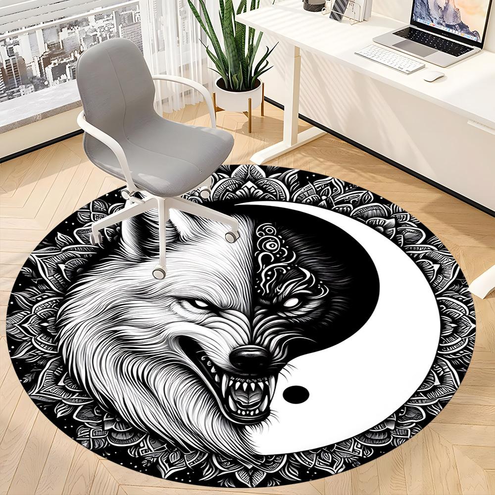 1PC Wolf Yin Yang Office Round Rug, Non slip, Soft and Durable Office Rug for Interior Decoration, Perfect for Office