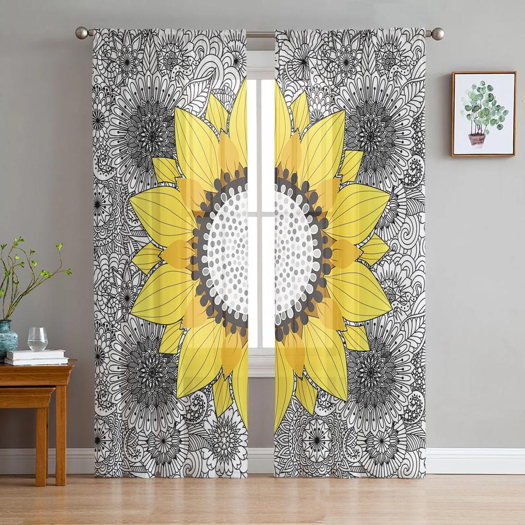 Mandala Datura Buddhism Ethnic Voile Curtains Kitchen Living Room Bedroom Decor Tulle Window Treatment Boho Sheer Made Of Polyester