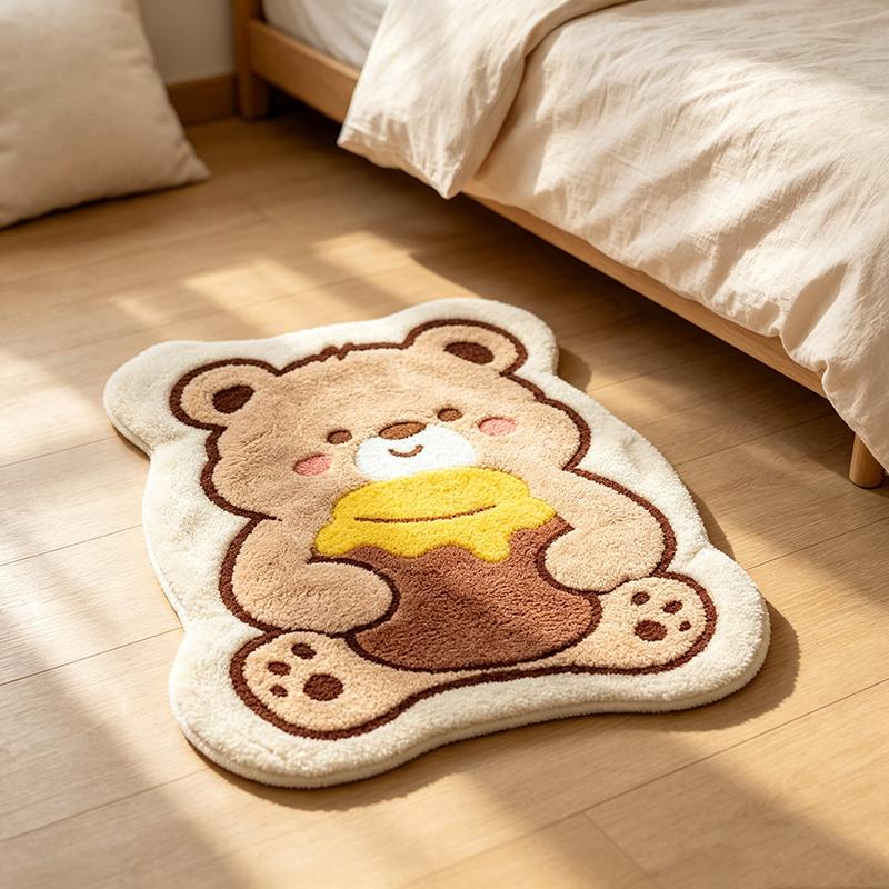 Cute Rabbit On Flower Shaped Plush Bath Mat Non Slip Absorbent Cartoon Animal Bedroom Bathroom Floor Decor Rug