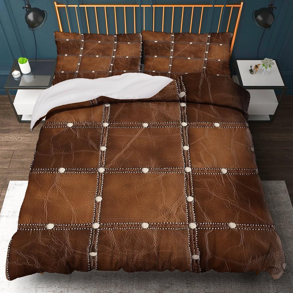 3Pcs Vintage Leather Studded Duvet Cover Set,Brown Textured Rustic Chic Bedding With Pillowcases,Luxury Thanksgiving Decor