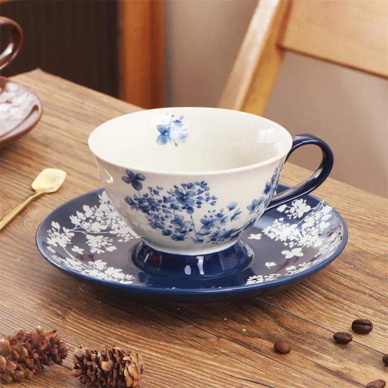 SOLECASA 220ml Coffee Cup&Saucer Set Retro Flower Pattern Ceramic Coffee Mugs Afternoon Tea Cup and Saucer Romantic Teaware Set синий
