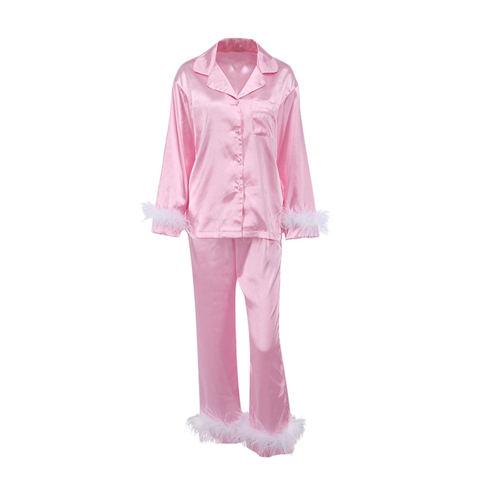 Dames Lente Herfst Zachte Pyjama Sets Bont Veer Afwerking Lange Mouw Knoop Satijn Zijde Shirts Broeken Loungewear Nachtkleding Huiskleding S white