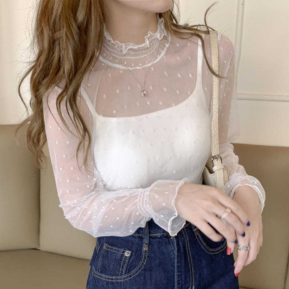 

Dot Lace Flower Top See Through Long Sleeved Mesh T-Shirts Transparent Pullover Top Streetwear