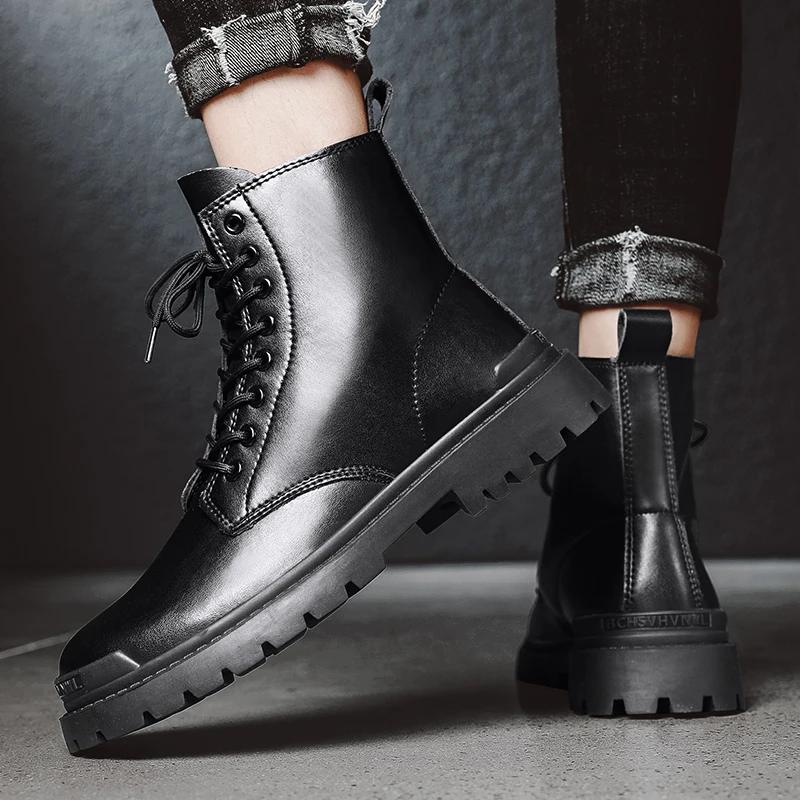 Fashion Lace-Up Men Winter Plush Snow Boots 2024 New All-match Male Boots Outdoor Men's Low Top Basic Shoes Leather Motorcycle Boots