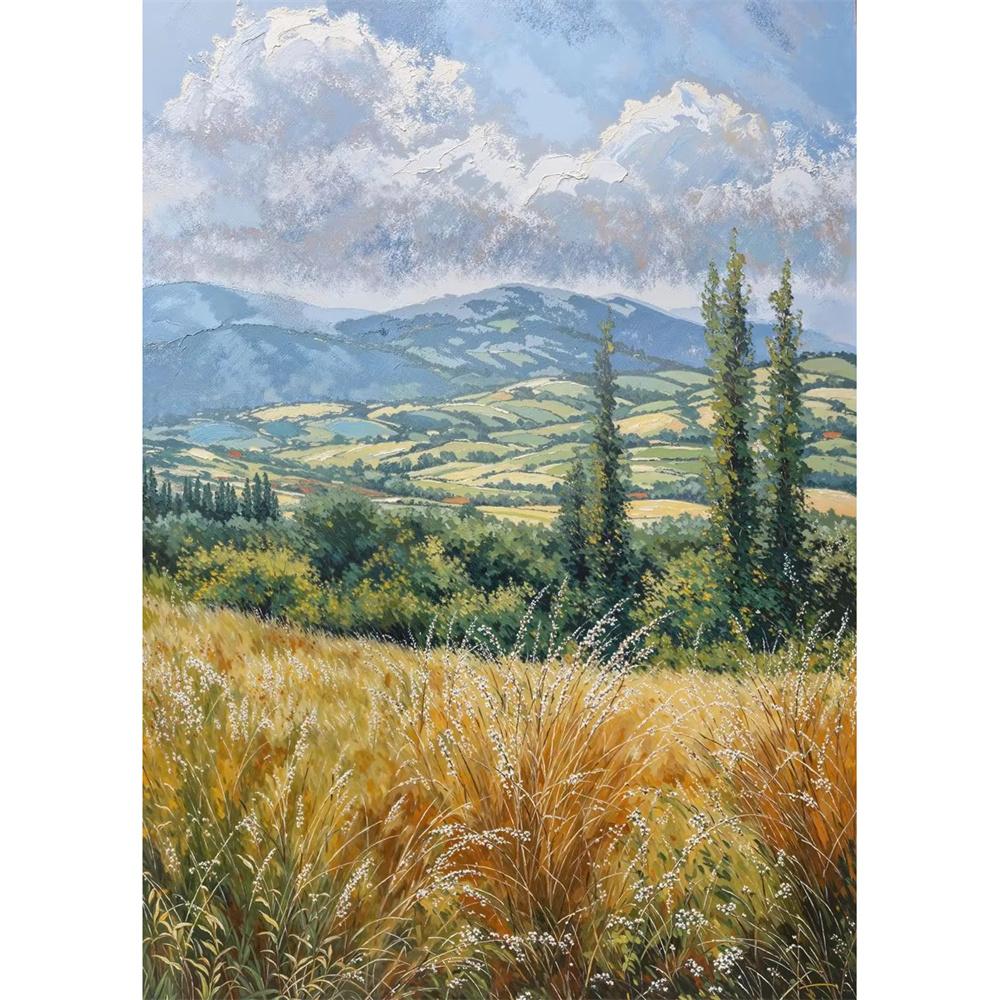 Cabana na Montanha Vista do Vale Caminho de Outono Prado de Verão Floresta de Árvores Nuvem Pôster Pintura em Tela Impressão para Sala de Estar Decoração de Casa