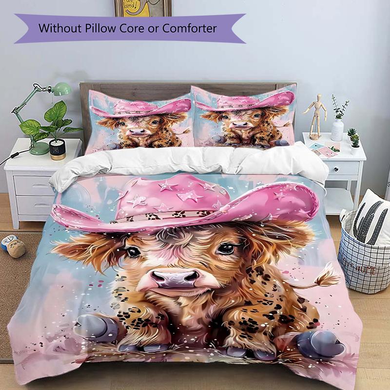 

3pcs Pink Cowgirl Calf Comforter Set with One Quilt Cover and Two Pillowcases (No Core) - Anime Cartoon Design, Polyester Fabric, Home Decor Gift for 135x200cm