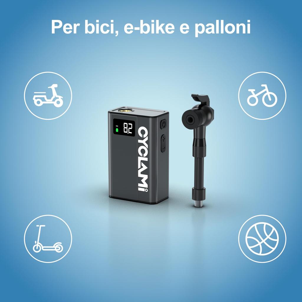 CYCLAMI Compact Bicycle 120 Digital Display Memory Compatible with Presta and Schrader Aluminum Alloy Automatic Electric Pump with 14 Waterproof Pump,