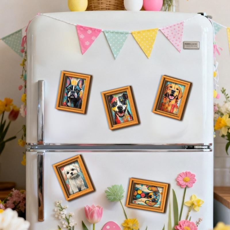 Artistic Dog Themed Refrigerator Magnets Natural Wood Frame Fridge Magnets for Kitchen Decoration
