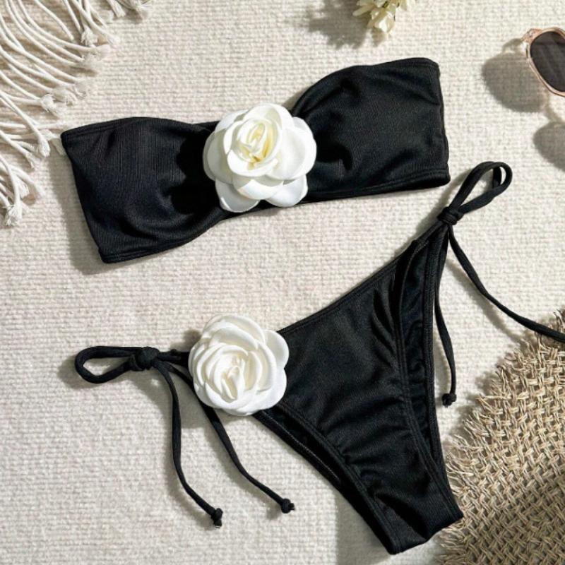 Sexy 3D Flower Strapless Bandeau Bikini Women Swimwear Female Swimsuit Two-pieces Bikini Set High Cut Bathing Suit Swim Lady