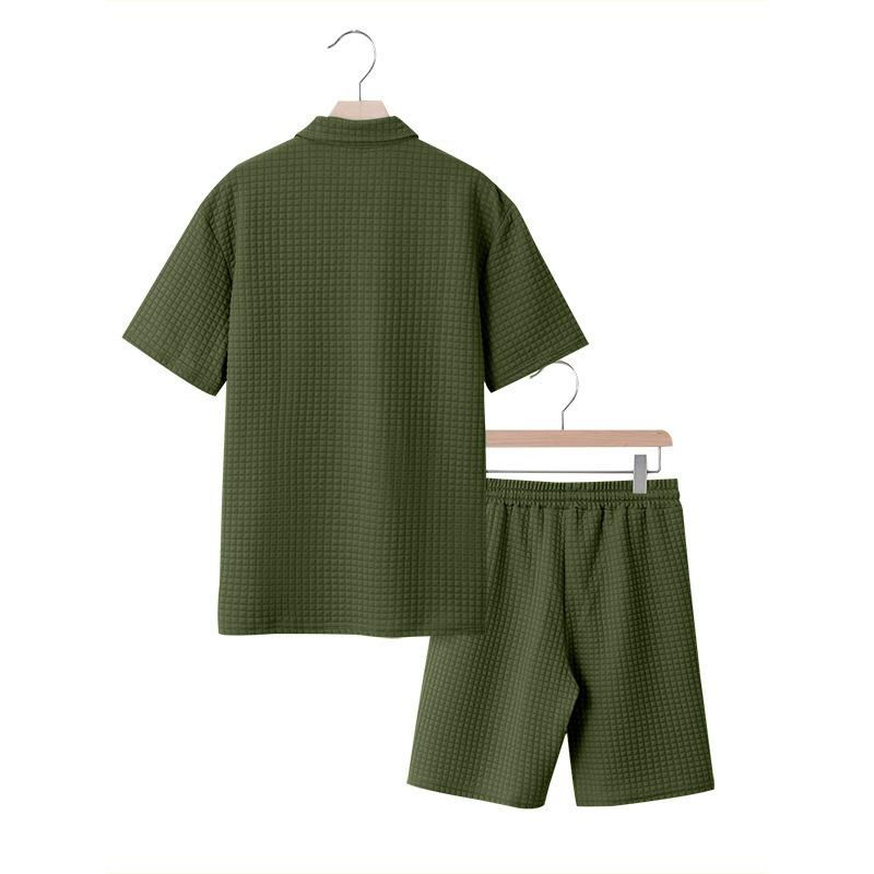 Summer Men’s Short-Sleeved Set: Jacquard Small Check Loose-Fit Casual Polo Shirt Set for Men