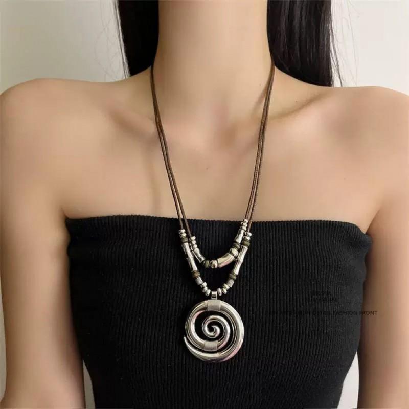 Spiral Leather Rope Necklace Women Alloy Pendant Vintage Boho Choker Geometric Statement Jewelry 2025