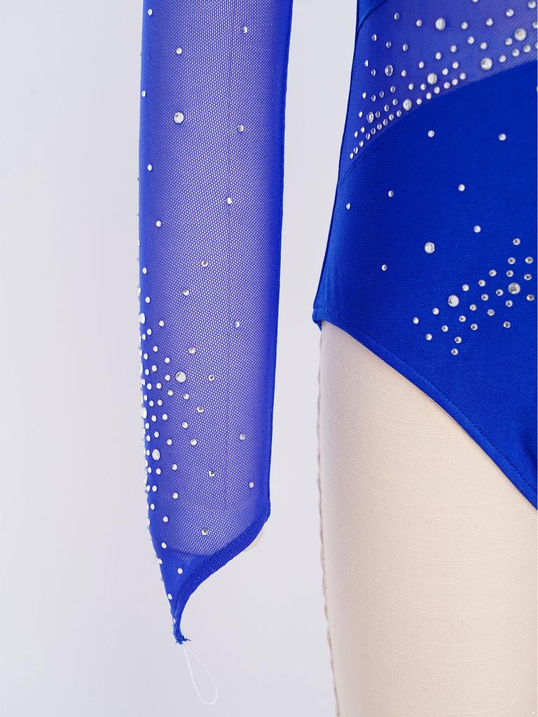 Leotardo de patinaje artístico para niñas Cuello alto Manga larga Espalda descubierta Parche de malla Patchwork Brillante Pedrería Bodis