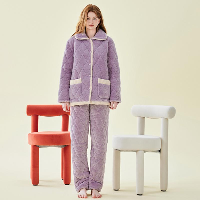 Coral fleece pajamas men's autumn and winter three-layer cotton padded thickened warm men's pajamas couple loungewear can be worn outside