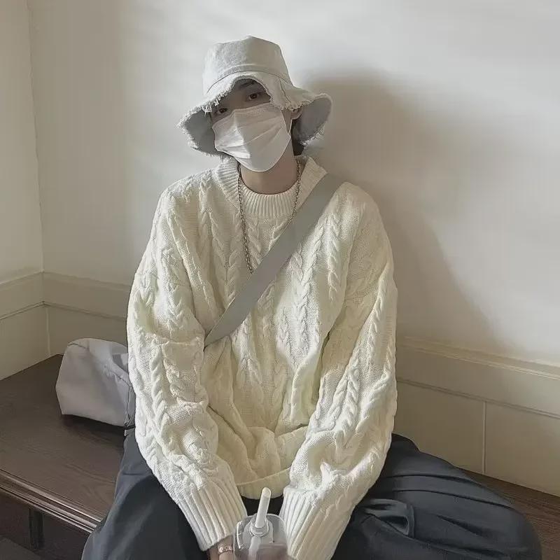 Men's Thick Knit Sweater - Casual Loose Fit, Round Neck, Solid Color, Trendy Korean & Hong Kong Style.