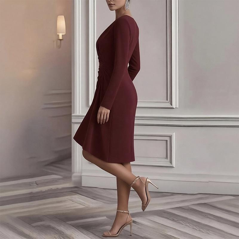 Spring New, European and American Women's Clothing, Fashionable and Elegant Solid Color V-neck Pleated Slim Dress