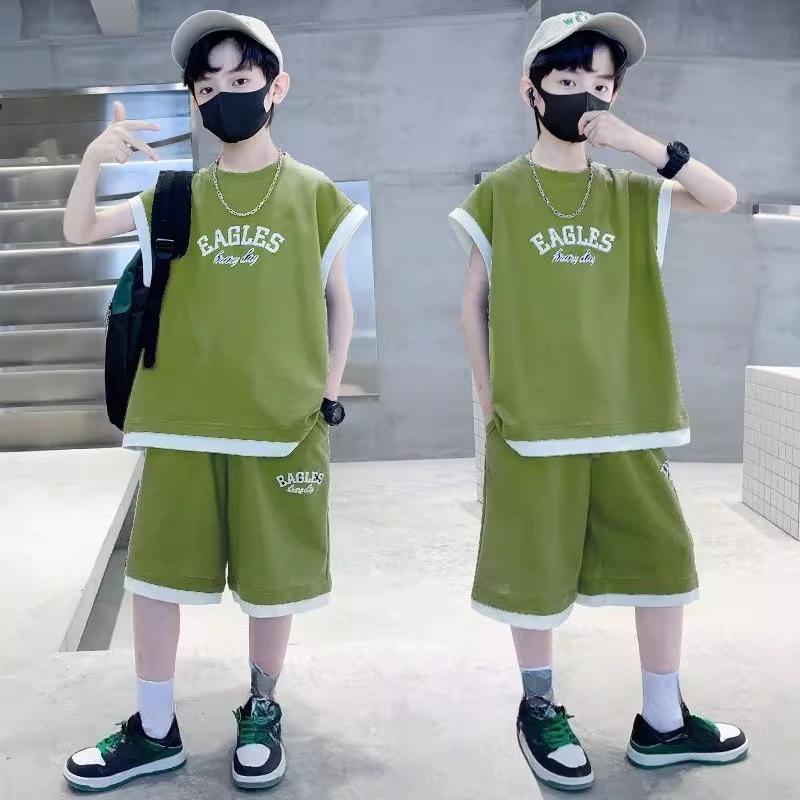 Summer Teenage Boy Cotton Clothes Set Children Sleeveless Tshirts and Shorts Suit Kid Short Sleeve Top Bottom Outfits Tracksuit