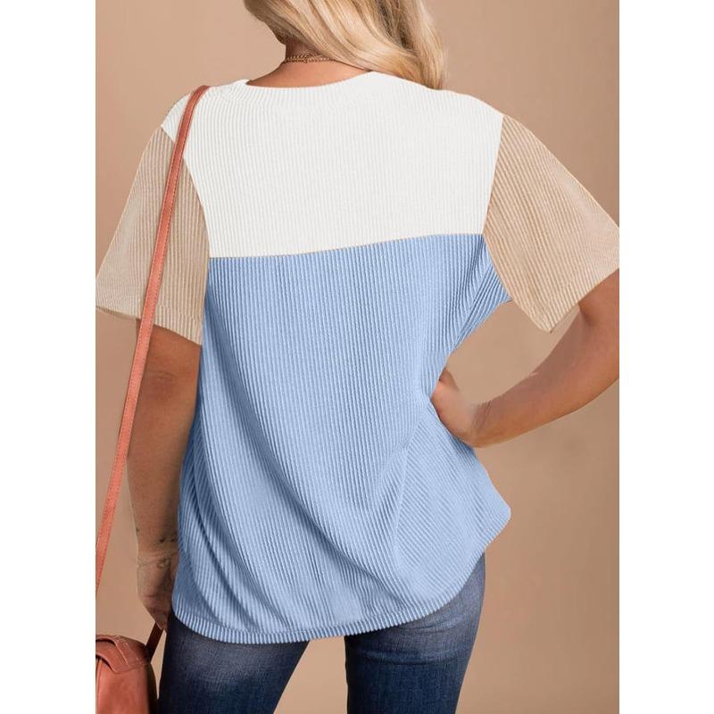 Women Color Block Striped Pullover Short Sleeve Crew Neck Casual T Shirt Top