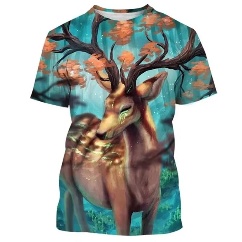 Hirsch 3D-Druck T-Shirt Lustige Tierjagd Grafik Kurzarm Rundhals T-Shirt Herren Outdoor Trend Persönlichkeit Tees