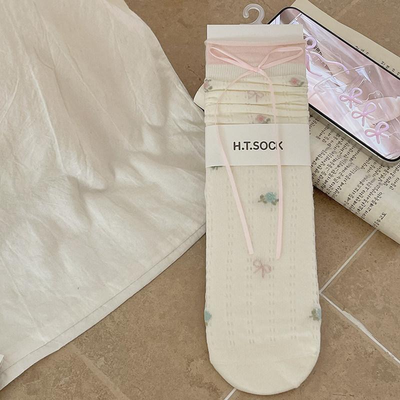 Summer Floral Ribbon Bow Lace Ankle Socks In Ballet Style, with Layered Stockings.