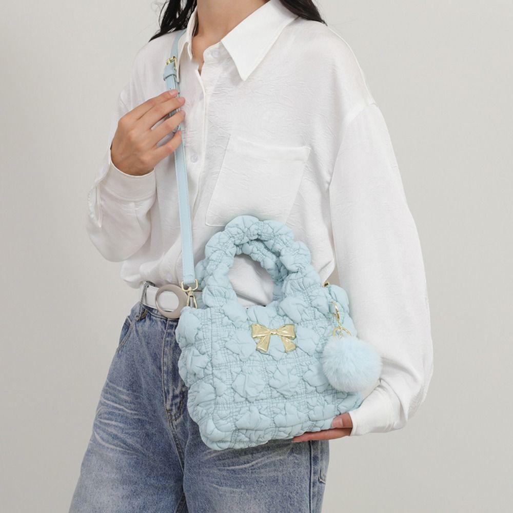 

Плиссированная сумка через плечо с бантом Puffer Bubble Cloud Handbag Casual Space Cotton Shoulder Bag для девочек светло-синий