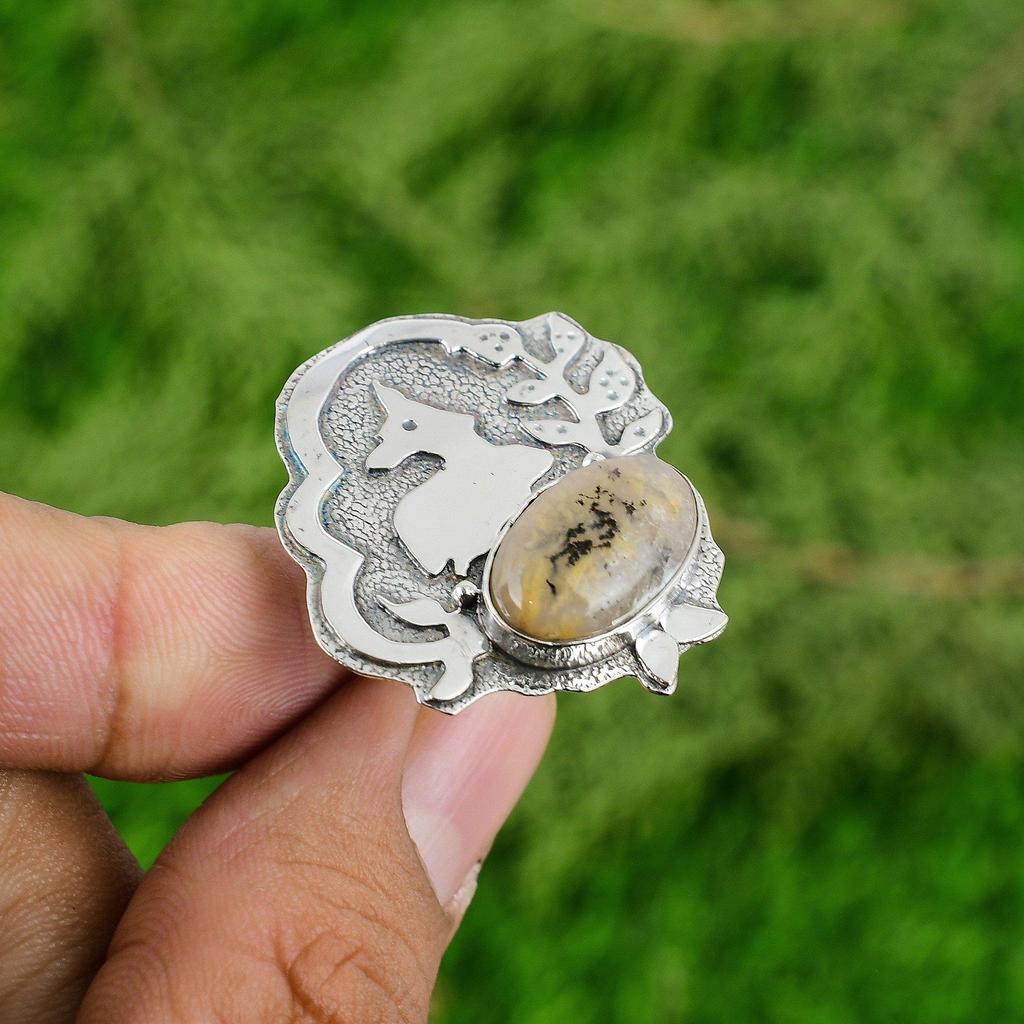 Mothers day Sale Oval Plume Agate Stone Sterling Silver Anniversary New Ring