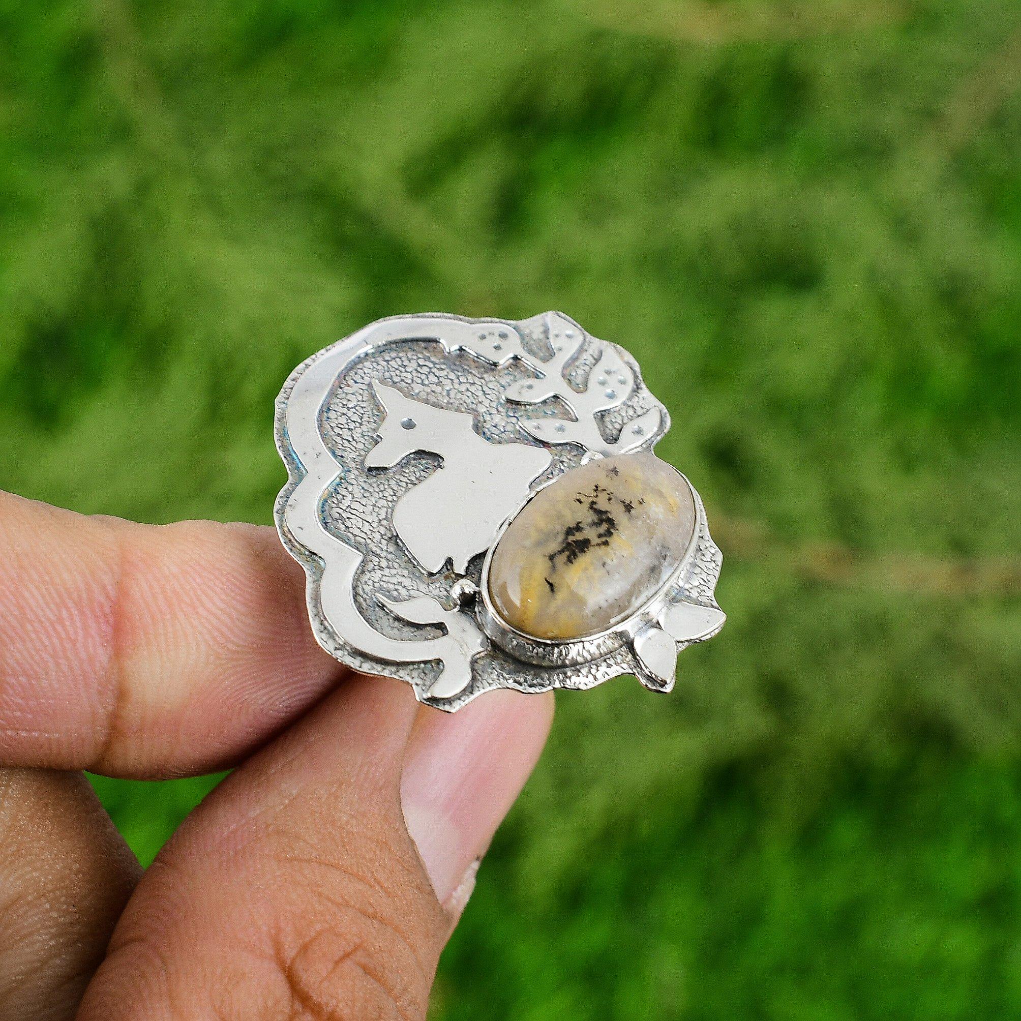 

Mothers day Sale Oval Plume Agate Stone Sterling Silver Anniversary New Ring Adjustable