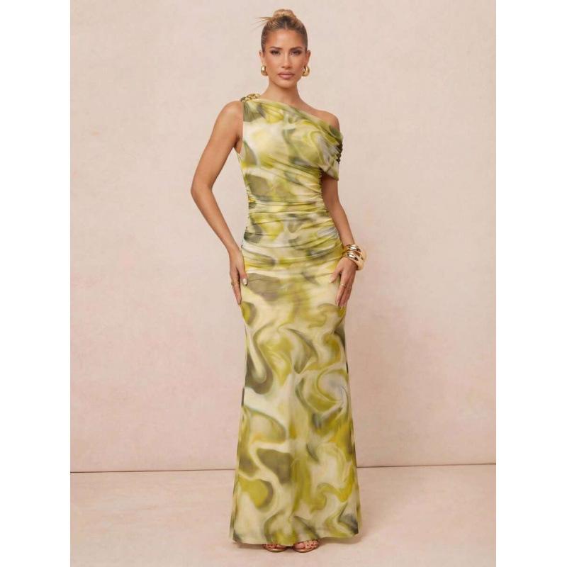 European summer lazy style temperament elegant simple printing slanted shoulder sleeveless long dress women XS