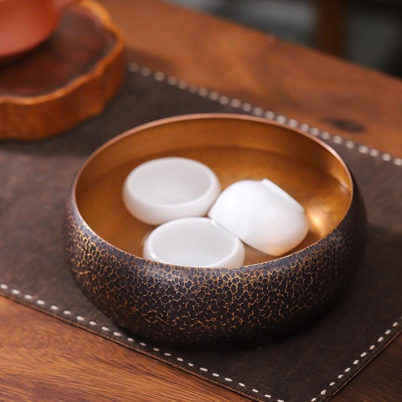 Large Copper Tea Washer Hammered Texture Japanese Style Water Basin Ceremony Waste Bowl