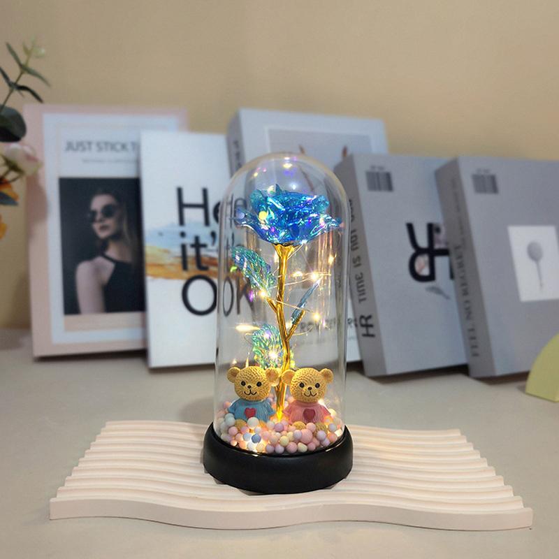 Eternal Flower Glass Lamp Plastic Cover Night Light Rose Simulation Flower With Bear Valentine Day Gift For Girlfriend