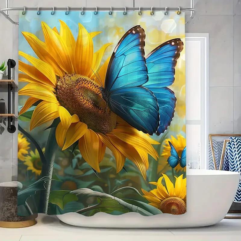 Blue Butterfly On Sunflower Waterproof Shower Curtain Heat Resistant Machine Washable Non-Transparent 180X180Cm