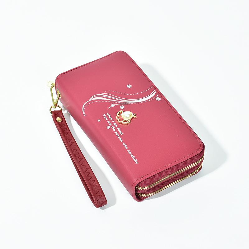 Double zipper wallet for women, long and large capacity handbag, student double layered wallet, Korean version pearl change phone bag бордовый