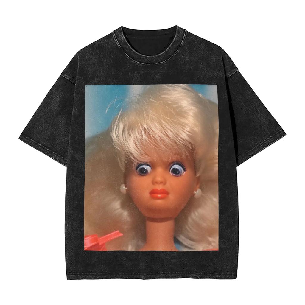 Distressed Doll Face Graphic Print Funny Meme Harajuku Fashion Tshirt Women Men Vintage Washed Oversized Top Cotton Summer Tees