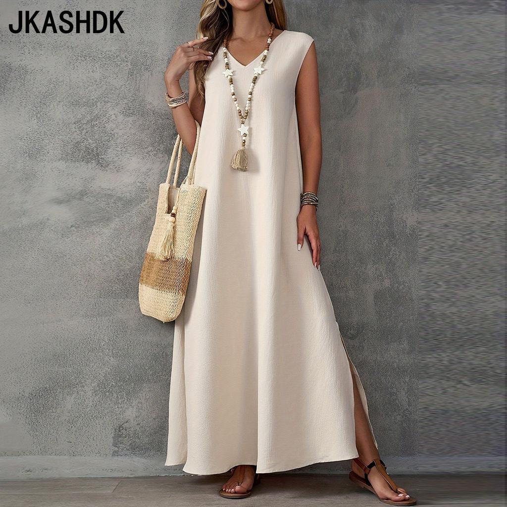 JKASHDK Women's Fashion Summer Spring Solid Color Print Sleeveless V-Neck Loose Waistline Casual Dresses