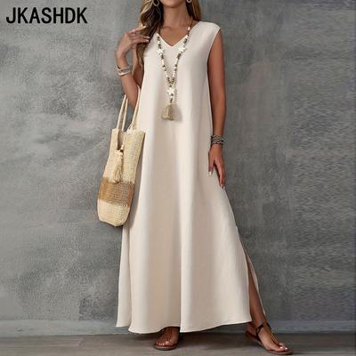 Women's Fashion Summer Spring Solid Color Print Sleeveless V-Neck Loose Waistline Casual Dresses